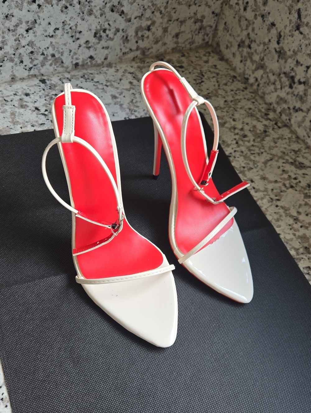 Women's White Pointed Slingback Heels with Red Insole